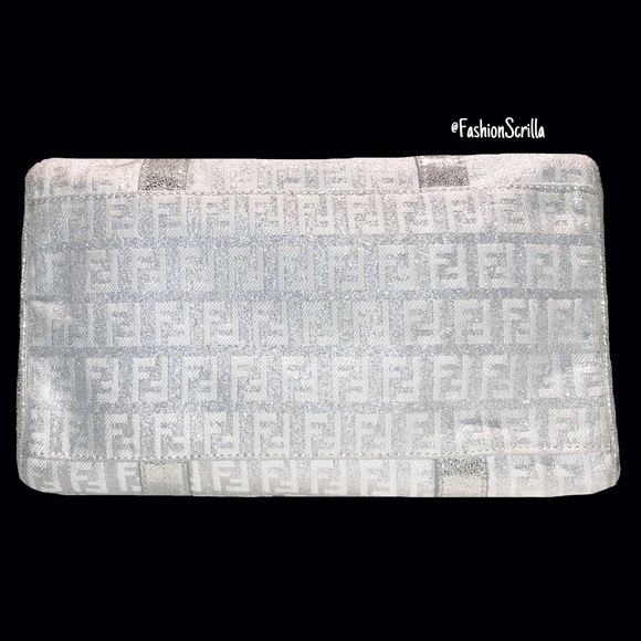 FENDI Vintage Metallic Silver - White Monogram Canvas Forever Bauletto Handbag - Picture 8 of 13